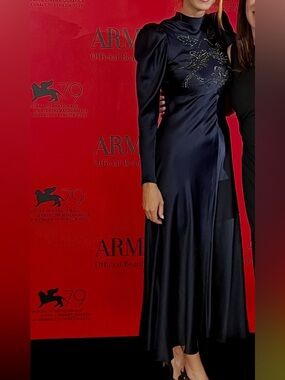 VINTAGE SILK Navy Long Sleeve Maxi Dress with Embellished Bodice.